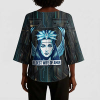 Wosret Winged Crown Kimono Sleeve Blouse Egyptian Cyber Circuit Design in Futuristic Blue Theme