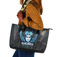 Wosret Winged Crown Leather Tote Bag Egyptian Cyber Circuit Design in Futuristic Blue Theme