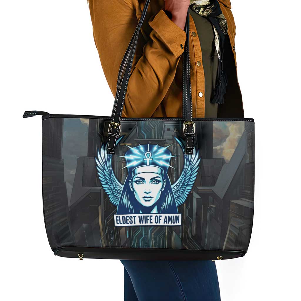 Wosret Winged Crown Leather Tote Bag Egyptian Cyber Circuit Design in Futuristic Blue Theme