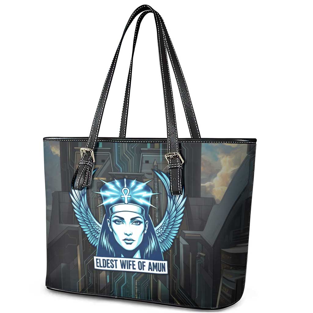 Wosret Winged Crown Leather Tote Bag Egyptian Cyber Circuit Design in Futuristic Blue Theme