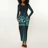 Wosret Winged Crown Long Sleeve Bodycon Dress Egyptian Cyber Circuit Design in Futuristic Blue Theme