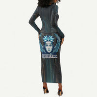 Wosret Winged Crown Long Sleeve Bodycon Dress Egyptian Cyber Circuit Design in Futuristic Blue Theme
