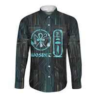 Wosret Winged Crown Long Sleeve Button Shirt Egyptian Cyber Circuit Design in Futuristic Blue Theme