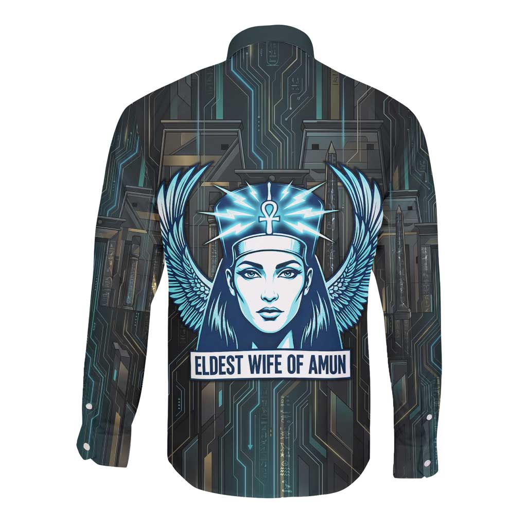 Wosret Winged Crown Long Sleeve Button Shirt Egyptian Cyber Circuit Design in Futuristic Blue Theme
