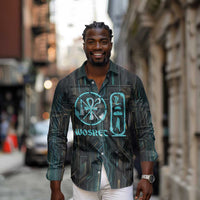 Wosret Winged Crown Long Sleeve Button Shirt Egyptian Cyber Circuit Design in Futuristic Blue Theme