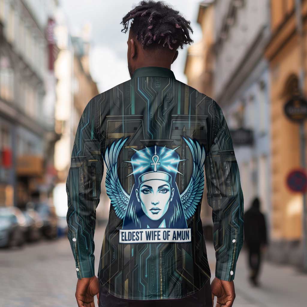 Wosret Winged Crown Long Sleeve Button Shirt Egyptian Cyber Circuit Design in Futuristic Blue Theme