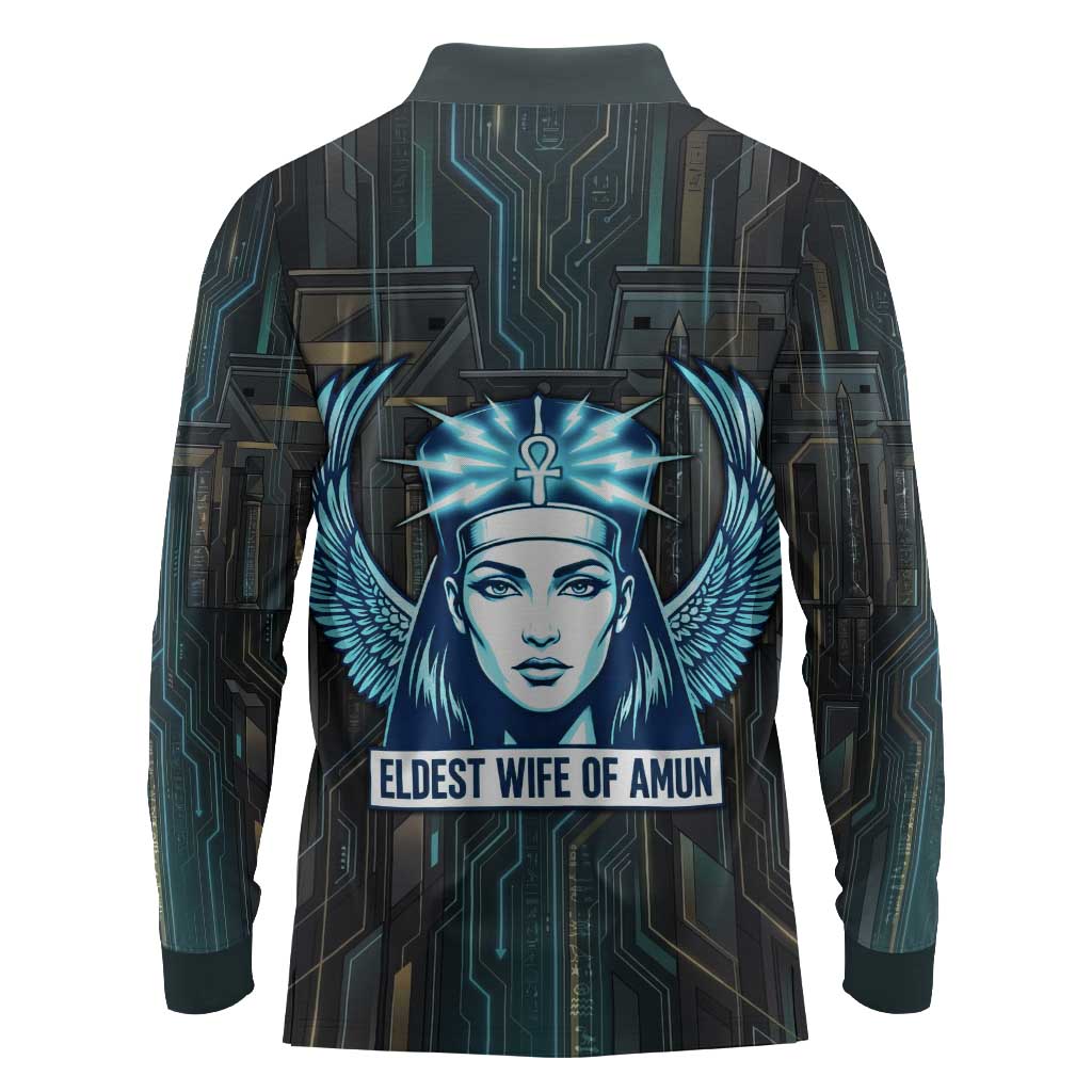 Wosret Winged Crown Long Sleeve Polo Shirt Egyptian Cyber Circuit Design in Futuristic Blue Theme