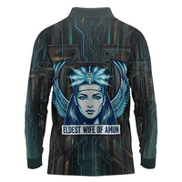Wosret Winged Crown Long Sleeve Polo Shirt Egyptian Cyber Circuit Design in Futuristic Blue Theme
