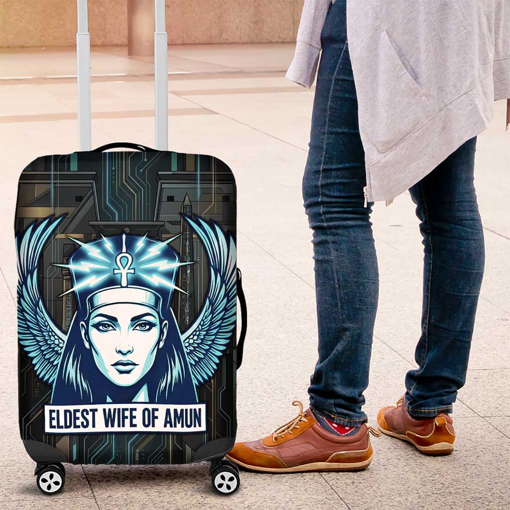 Wosret Winged Crown Luggage Cover Egyptian Cyber Circuit Design in Futuristic Blue Theme