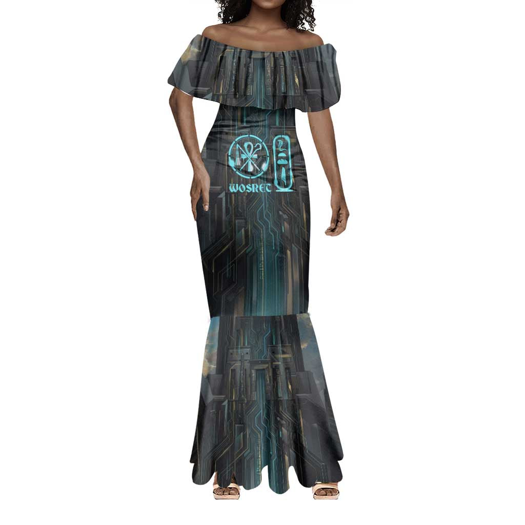 Wosret Winged Crown Mermaid Dress Egyptian Cyber Circuit Design in Futuristic Blue Theme