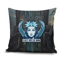 Wosret Winged Crown Pillow Cover Egyptian Cyber Circuit Design in Futuristic Blue Theme