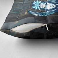 Wosret Winged Crown Pillow Cover Egyptian Cyber Circuit Design in Futuristic Blue Theme