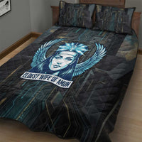 Wosret Winged Crown Quilt Bed Set Egyptian Cyber Circuit Design in Futuristic Blue Theme