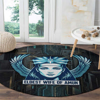 Wosret Winged Crown Round Carpet Egyptian Cyber Circuit Design in Futuristic Blue Theme