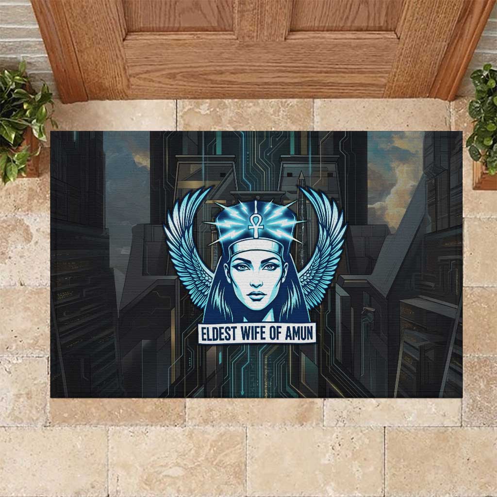 Wosret Winged Crown Rubber Doormat Egyptian Cyber Circuit Design in Futuristic Blue Theme