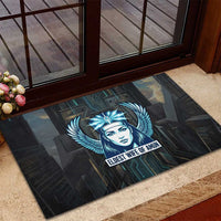 Wosret Winged Crown Rubber Doormat Egyptian Cyber Circuit Design in Futuristic Blue Theme