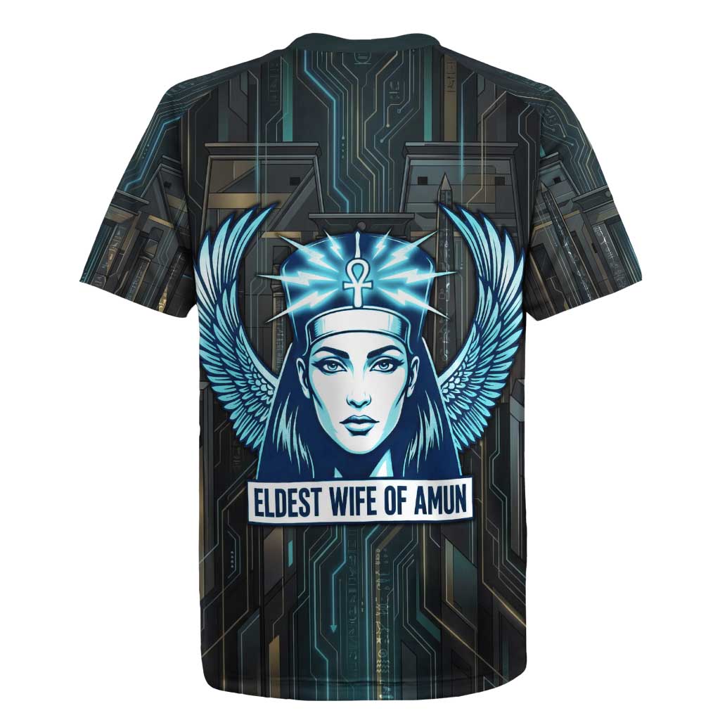 Wosret Winged Crown Rugby Jersey Egyptian Cyber Circuit Design in Futuristic Blue Theme