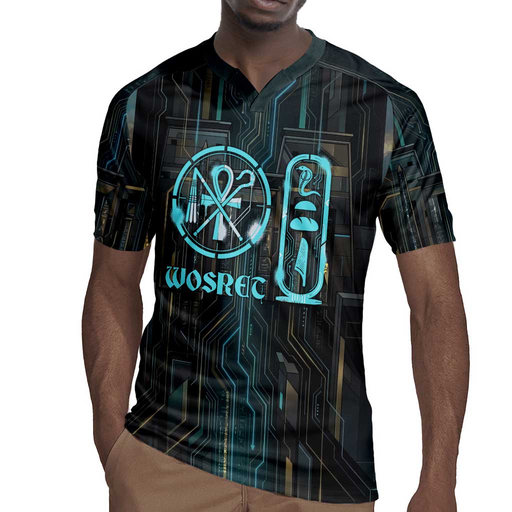 Wosret Winged Crown Rugby Jersey Egyptian Cyber Circuit Design in Futuristic Blue Theme