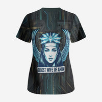 Wosret Winged Crown Scrub Top Egyptian Cyber Circuit Design in Futuristic Blue Theme