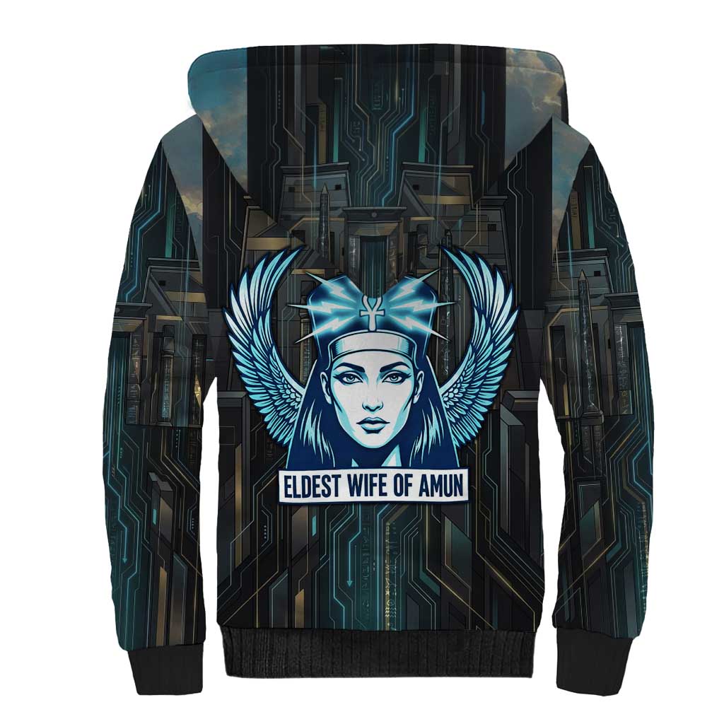 Wosret Winged Crown Sherpa Hoodie Egyptian Cyber Circuit Design in Futuristic Blue Theme
