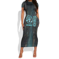 Wosret Winged Crown Short Sleeve Bodycon Dress Egyptian Cyber Circuit Design in Futuristic Blue Theme