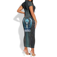 Wosret Winged Crown Short Sleeve Bodycon Dress Egyptian Cyber Circuit Design in Futuristic Blue Theme