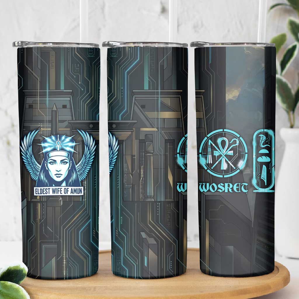 Wosret Winged Crown Skinny Tumbler Egyptian Cyber Circuit Design in Futuristic Blue Theme