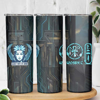 Wosret Winged Crown Skinny Tumbler Egyptian Cyber Circuit Design in Futuristic Blue Theme