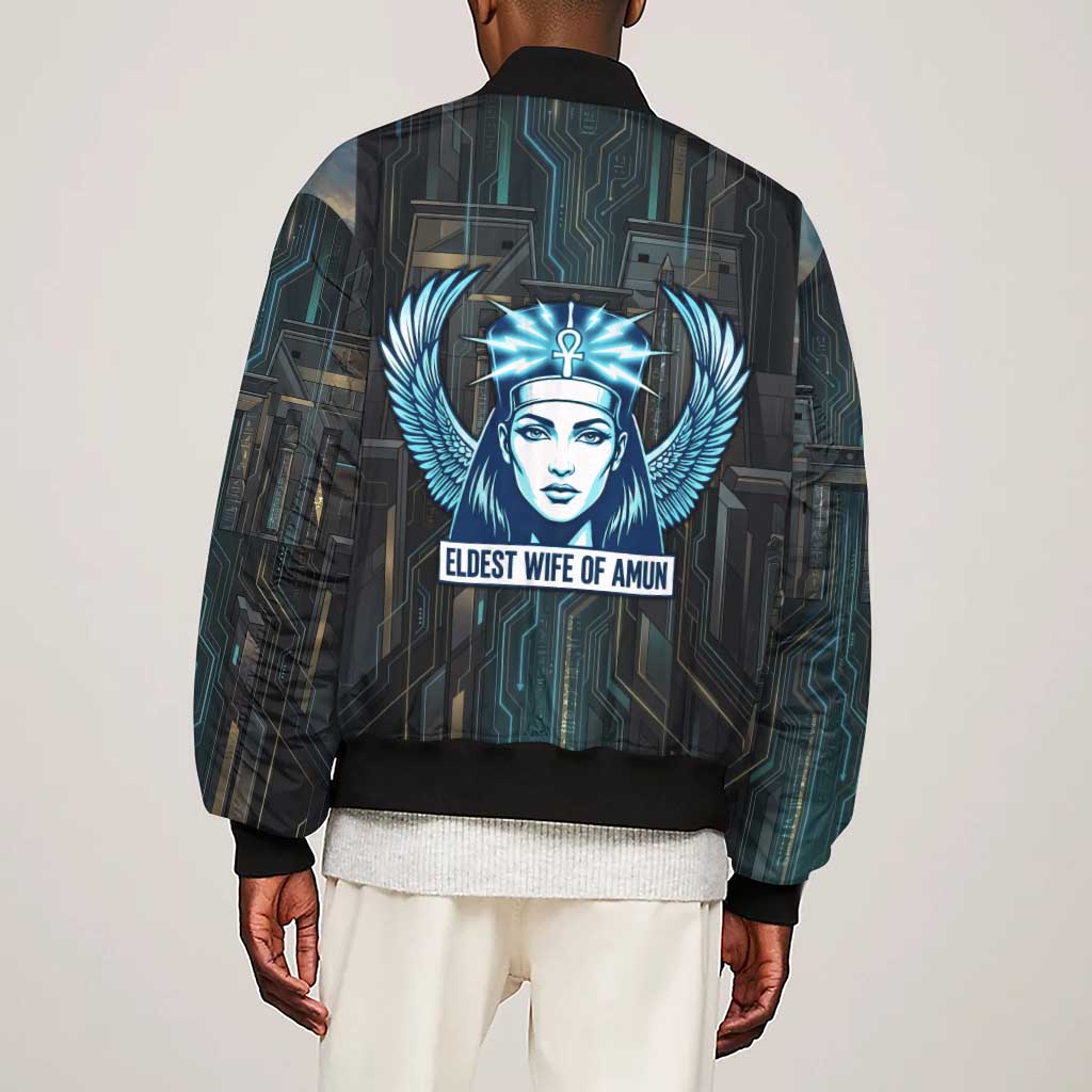 Wosret Winged Crown Sleeve Zip Bomber Jacket Egyptian Cyber Circuit Design in Futuristic Blue Theme