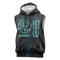 Wosret Winged Crown Sleeveless Hoodie Egyptian Cyber Circuit Design in Futuristic Blue Theme