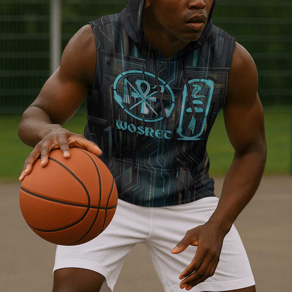 Wosret Winged Crown Sleeveless Hoodie Egyptian Cyber Circuit Design in Futuristic Blue Theme