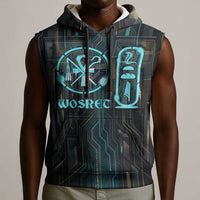 Wosret Winged Crown Sleeveless Hoodie Egyptian Cyber Circuit Design in Futuristic Blue Theme