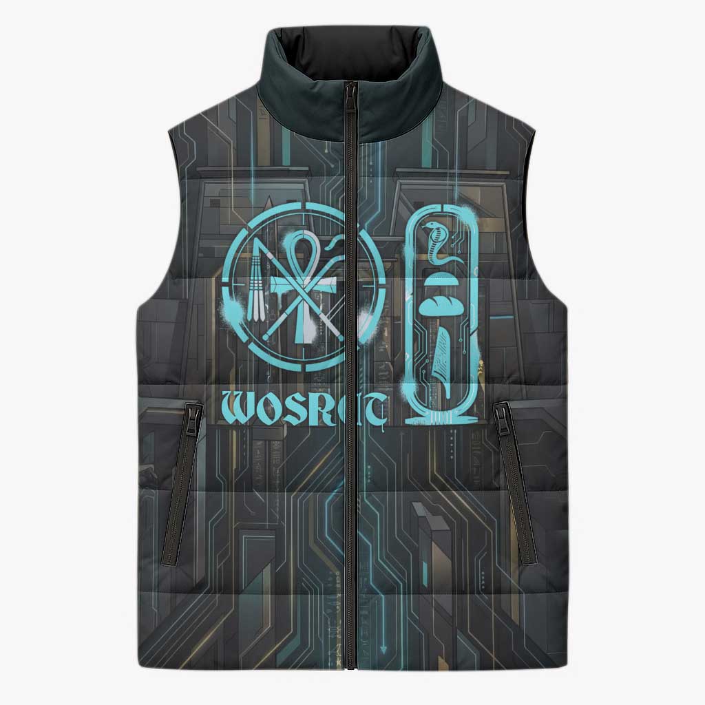 Wosret Winged Crown Sleeveless Puffer Jacket Egyptian Cyber Circuit Design in Futuristic Blue Theme