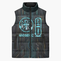 Wosret Winged Crown Sleeveless Puffer Jacket Egyptian Cyber Circuit Design in Futuristic Blue Theme