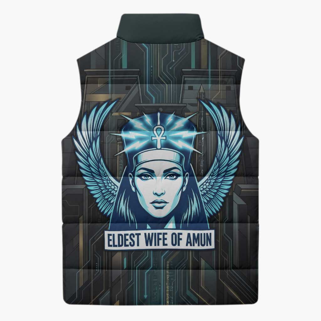 Wosret Winged Crown Sleeveless Puffer Jacket Egyptian Cyber Circuit Design in Futuristic Blue Theme