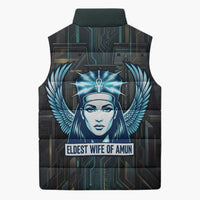 Wosret Winged Crown Sleeveless Puffer Jacket Egyptian Cyber Circuit Design in Futuristic Blue Theme