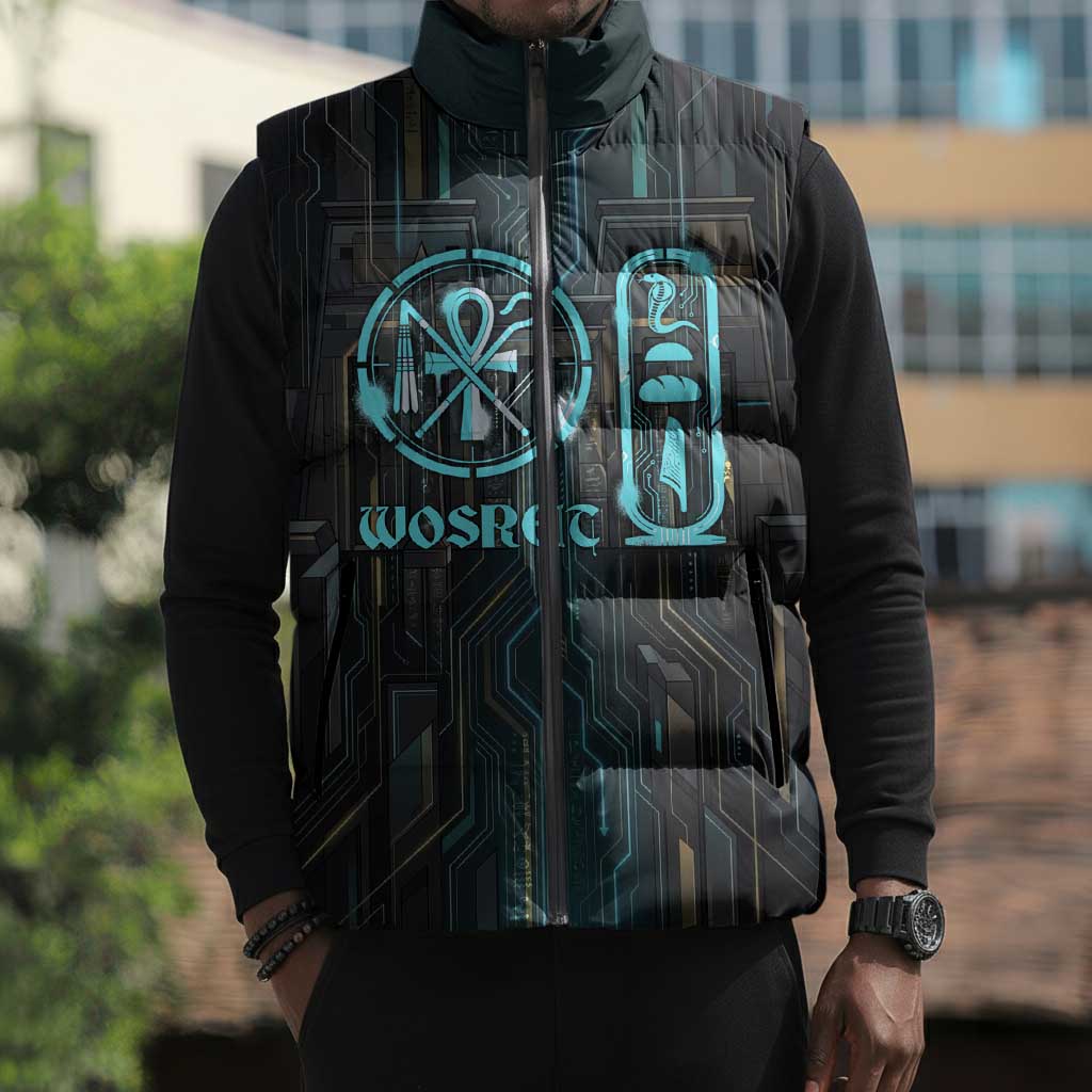 Wosret Winged Crown Sleeveless Puffer Jacket Egyptian Cyber Circuit Design in Futuristic Blue Theme