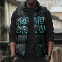 Wosret Winged Crown Sleeveless Puffer Jacket Egyptian Cyber Circuit Design in Futuristic Blue Theme