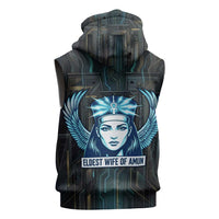 Wosret Winged Crown Sleeveless Zip Hoodie Egyptian Cyber Circuit Design in Futuristic Blue Theme