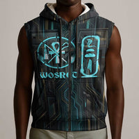 Wosret Winged Crown Sleeveless Zip Hoodie Egyptian Cyber Circuit Design in Futuristic Blue Theme