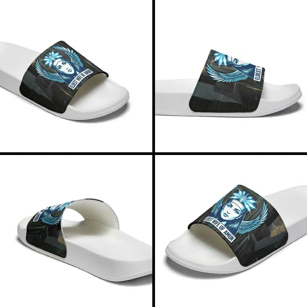 Wosret Winged Crown Slide Sandals Egyptian Cyber Circuit Design in Futuristic Blue Theme