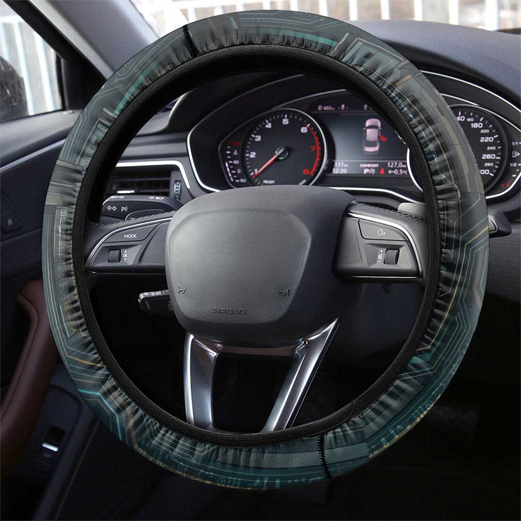 Wosret Winged Crown Steering Wheel Cover Egyptian Cyber Circuit Design in Futuristic Blue Theme