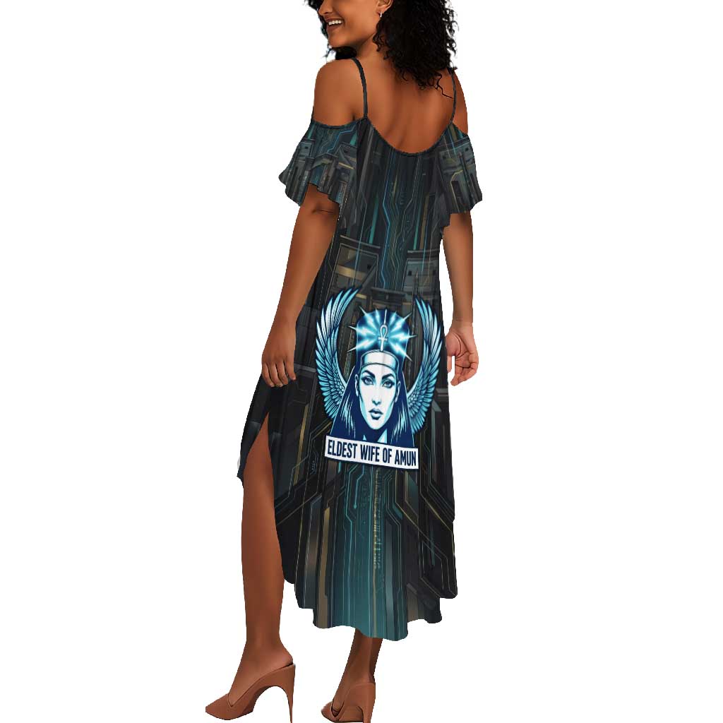 Wosret Winged Crown Summer Maxi Dress Egyptian Cyber Circuit Design in Futuristic Blue Theme