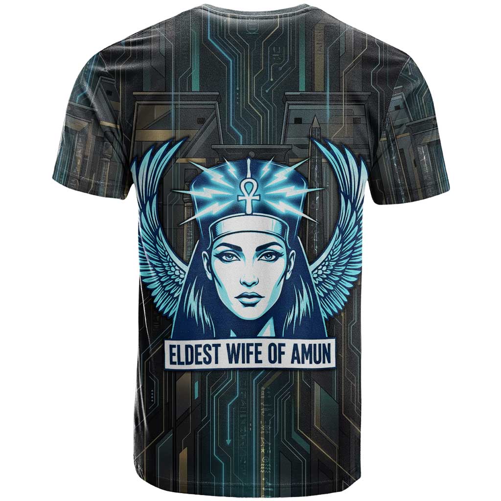 Wosret Winged Crown T shirt Egyptian Cyber Circuit Design in Futuristic Blue Theme