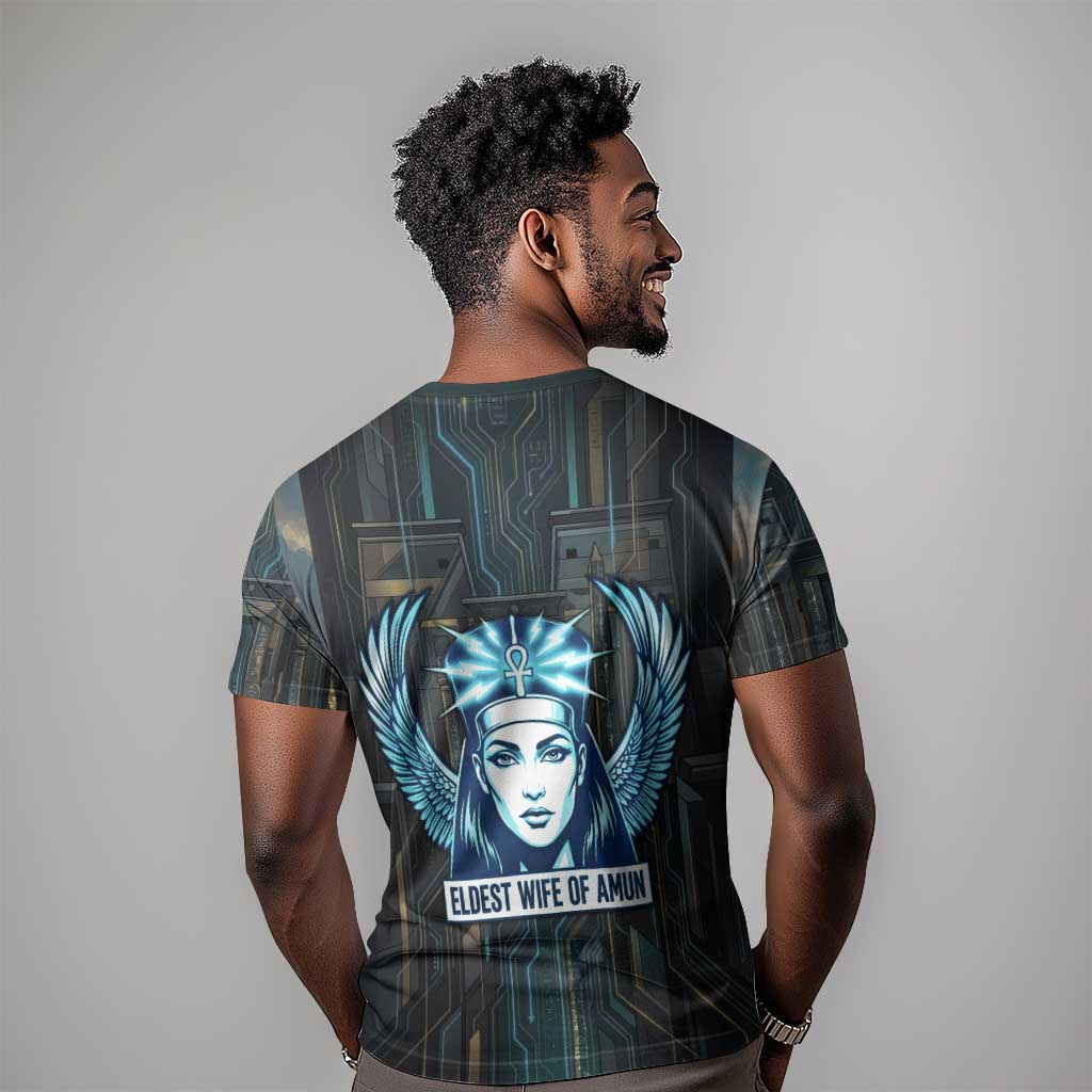 Wosret Winged Crown T shirt Egyptian Cyber Circuit Design in Futuristic Blue Theme
