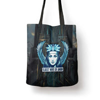 Wosret Winged Crown Tote Bag Egyptian Cyber Circuit Design in Futuristic Blue Theme