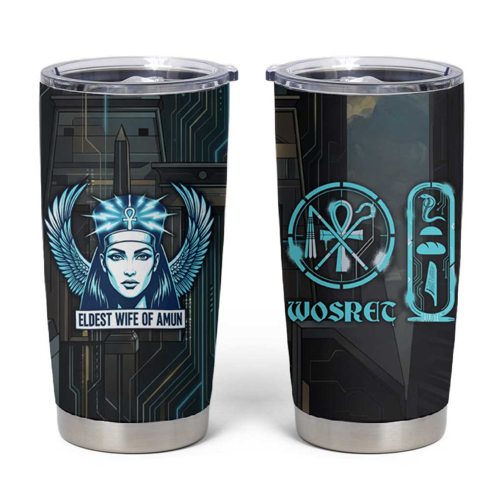 Wosret Winged Crown Tumbler Cup Egyptian Cyber Circuit Design in Futuristic Blue Theme