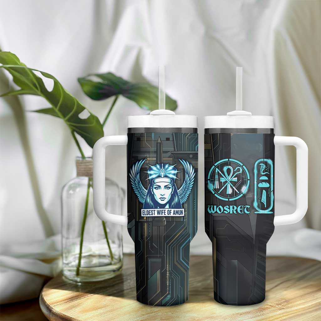 Wosret Winged Crown Tumbler With Handle Egyptian Cyber Circuit Design in Futuristic Blue Theme