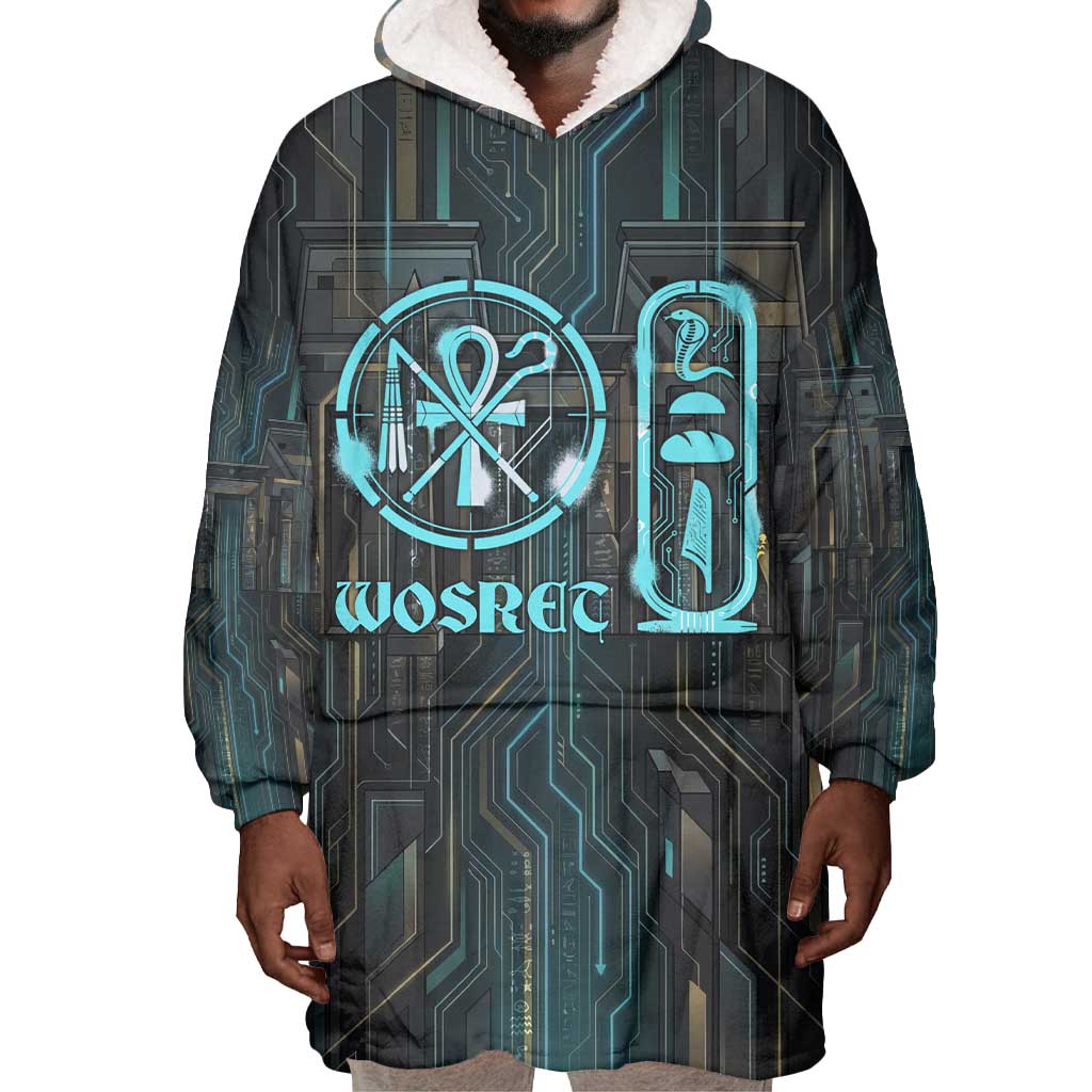 Wosret Winged Crown Wearable Blanket Hoodie Egyptian Cyber Circuit Design in Futuristic Blue Theme