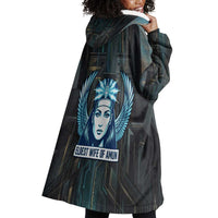 Wosret Winged Crown Wearable Blanket Hoodie Egyptian Cyber Circuit Design in Futuristic Blue Theme